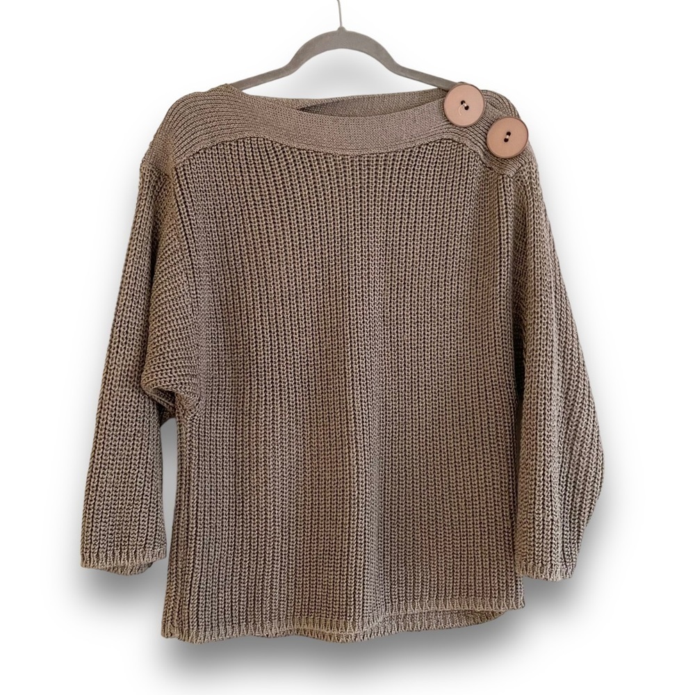 PORTOBELLOS LINEA DONA Tan Chunky Knit Boat Neck Sweater Wooden Button Small